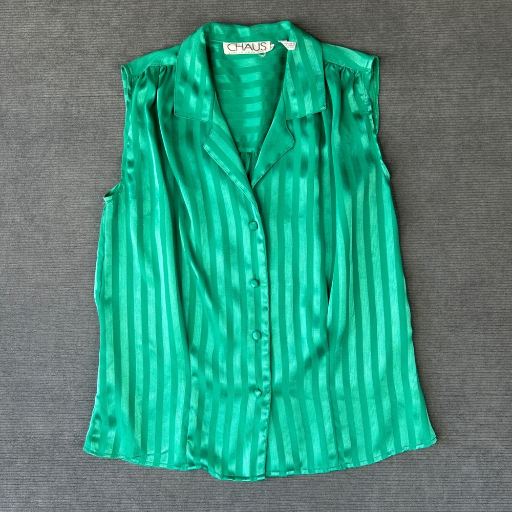 Vintage Chaus Green Striped Sleeveless Button Down y2k Blouse Sz 8 Emerald Satin
